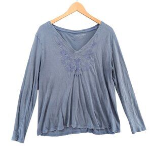Soft Surroundings Embroidered Top Womens Blue Long Sleeve Cotton V Neck Sz L